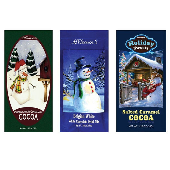 Salted Caramel Cocoa, Belgian White Hot Chocolate and Chocolate & Cinnamon Hot Cocoa Set of SIX Single Serve Packets - Best Gourmet Gift or Stocking Stuffer