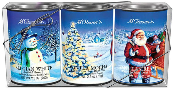 McSteven's White Christmas White Chocolate Drink Mix Gift Set, 3-Count, 2.5-Ounce Tins - Belgian White, Winter Mocha & Vanilla Cream