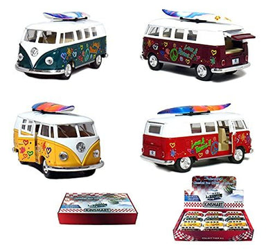 Set of 4 Vehicles: 5" 1962 VW Classic Van Flowers with Surfboard (Red, Green, Maroon and Yellow)