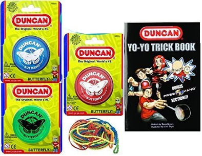 Duncan Yo-Yo Butterfly (3), Trick Book & 10 Strings Deluxe Gift Set Bundle - (Assorted Colors) by Duncan