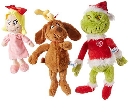 Aurora World Dr. Seuss Cindy Lou Who 12", Grinch Santa 19", & His Dog Max 18" Christmas Special Set of 3 Plush Toys, Multicolor