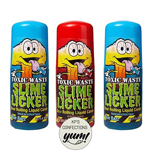 Slime Licker - Toxic Waste - Sour Rolling Liquid Candy - 1 Strawberry and 2 Blue Razz Flavor - 2 oz each - Total 3