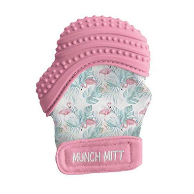 Malarkey Kids Baby Teething Mitten, Munch Mitt Baby Chew Toy - Protects Hands from Chewing & Saliva, Heals Aching Gums, Promotes Sound & Visual Stimulation for Babies Up to 1-Year-Old (Flamingo)